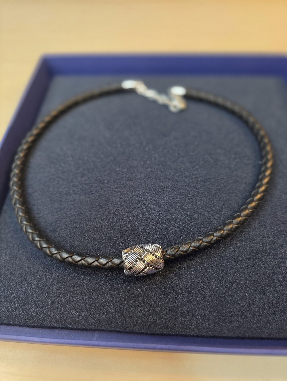 Swarovski Black Braided Choker Necklace with Pave Crystal Focal Bead W/Box